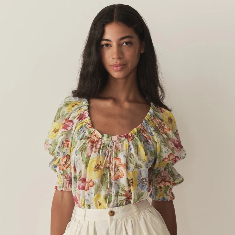 Doen Inez Cotton Voile Floral Tie 3/4 Sleeve Blouse Top Blanc Anemone Bloom